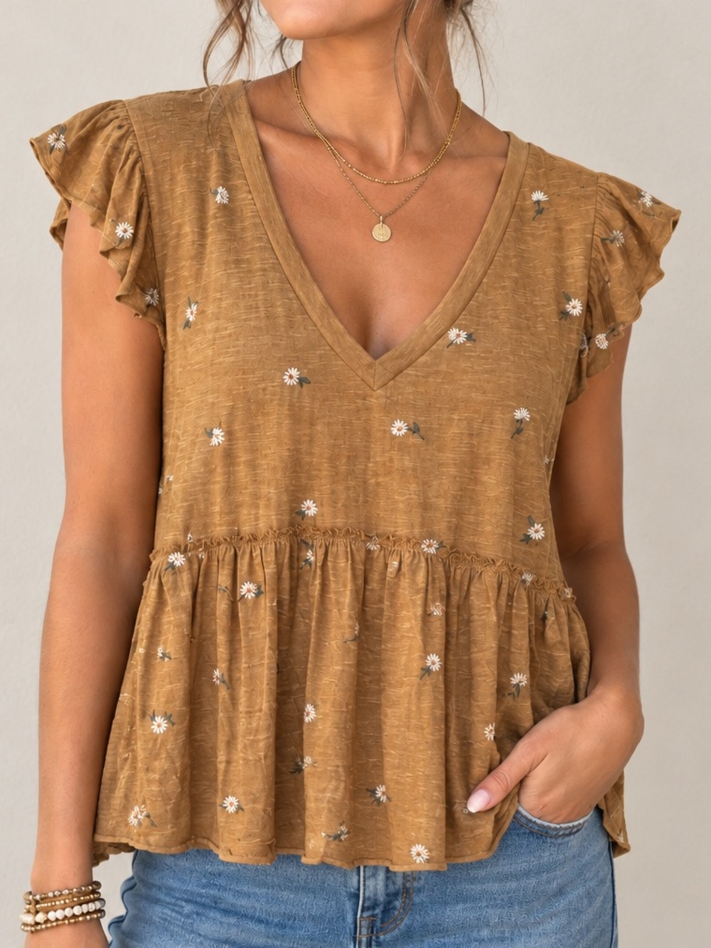 Coco + Jaimeson Brown Floral Embroidered Daisy Babydoll Boho Peplum Blouse Small